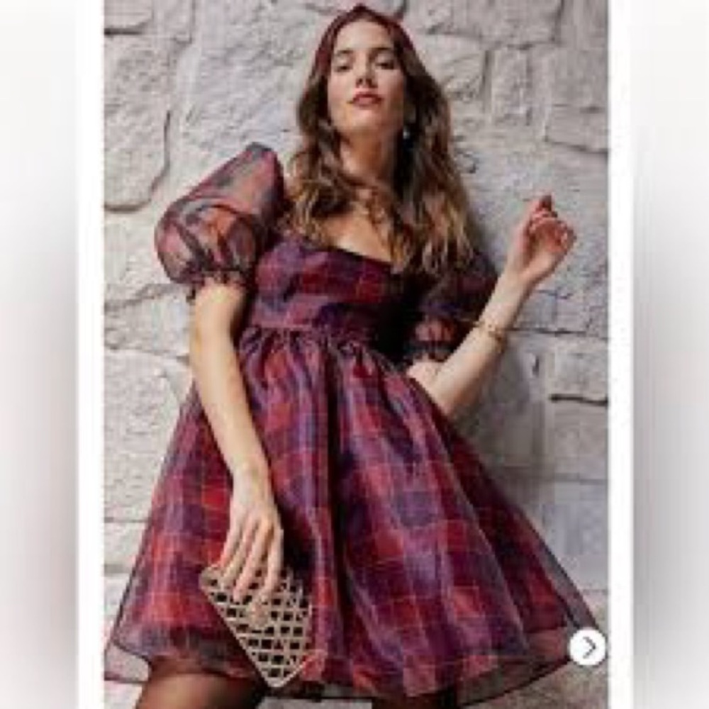 Francesca's Savannah red plaid babydoll puff sleeve mini dress